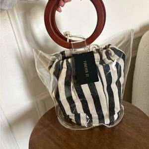 NWT Forever 21 Clear Tote with Black and Cream Striped Pouch